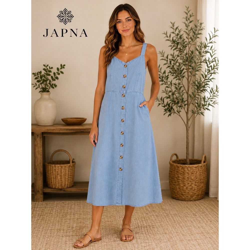 Japna Light Wash Tencel Chambray Button Down Smocked Back Midi Dress Size Small